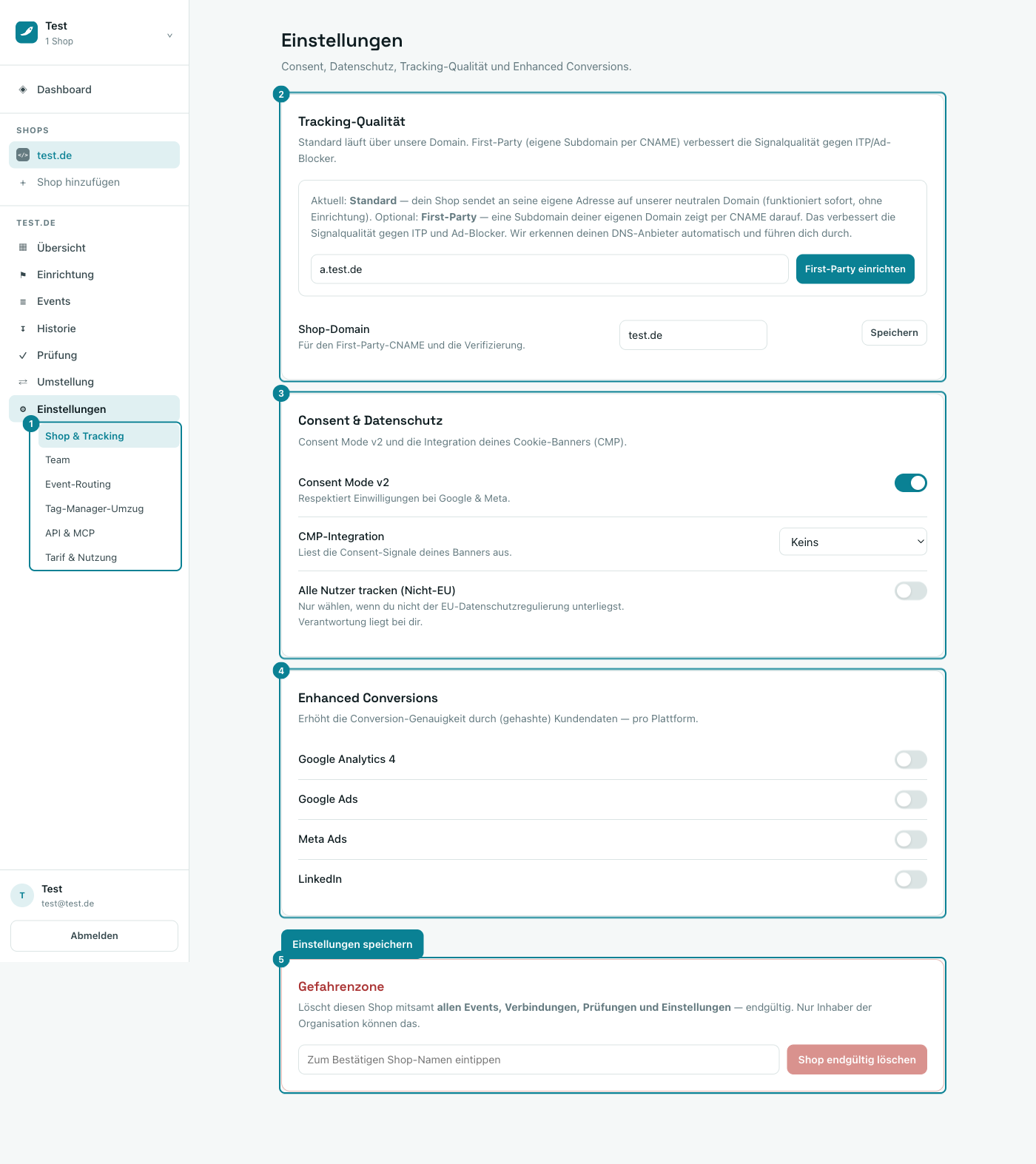 Einstellungen: Tracking-Qualität, Consent & Datenschutz, Enhanced Conversions, Gefahrenzone