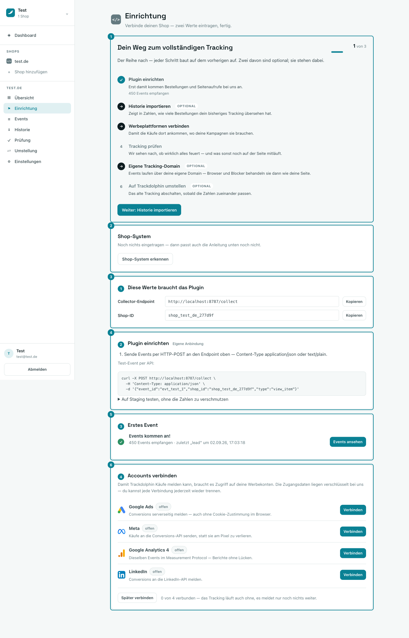 Einrichtungsseite mit Fortschritts-Stepper, Werten fürs Plugin und Accounts verbinden