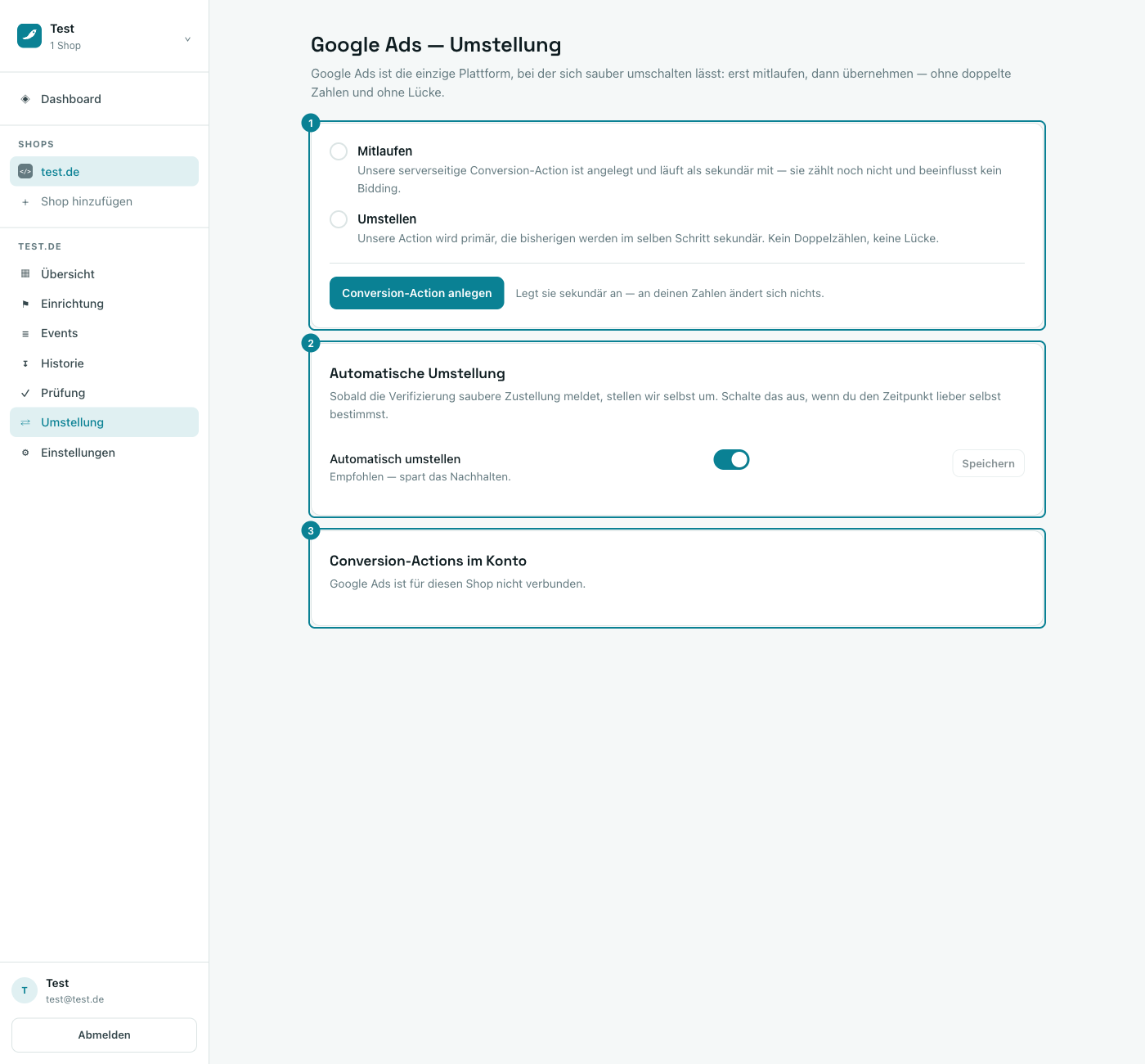 Umstellungsseite mit den zwei Stufen, automatischer Umstellung und Konto-Status